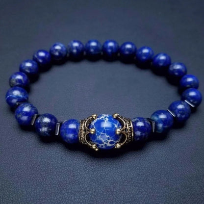 Nova Pulseira Masculina de Moda com Coroa, Contas de Pedra Natural, Olho de Tigre, Lava e Lápis Lazúli