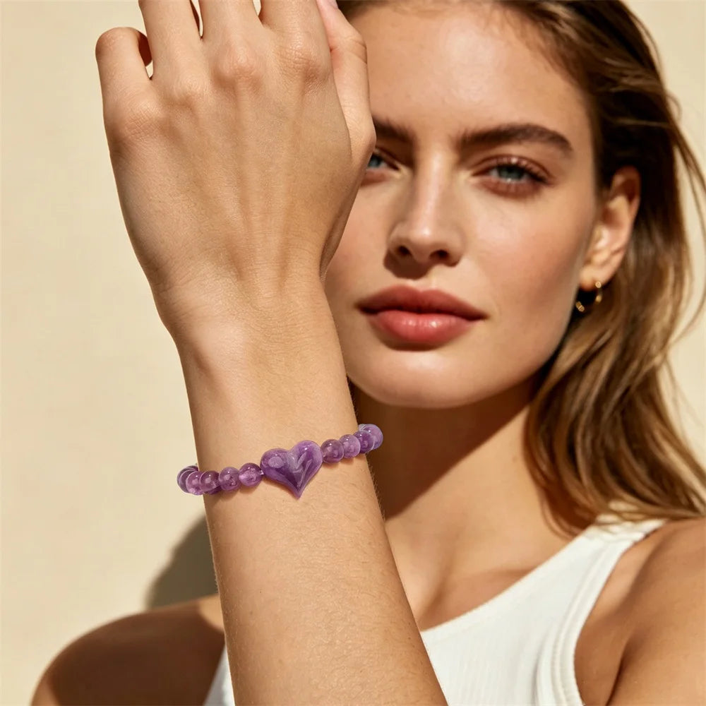 Pulseira de Contas de Ametista Natural de 6mm com Contas de Quartzo Rosa em Formato de Coração, Pulseira da Moda para Mulheres, Joia de Energia Curativa, Presente