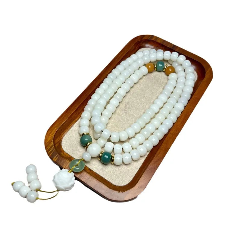 Pulseira de Jade Branco com 108 Contas Budistas, Semente de Bodhi de Lótus, Multicamadas, Cultural e Artística para Oração