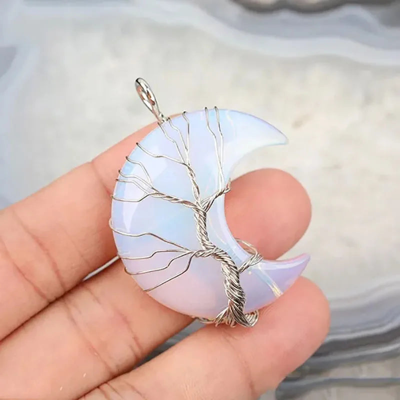 Pingente de cristal natural fio envoltório árvore da vida grande lua crescente pedra mineral pêndulo ametista quartzo colar para presente feminino