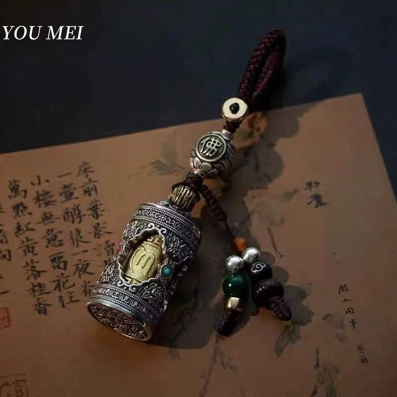 Pingente de cilindro de sutra mantra giratório de seis caracteres estilo antigo tibetano, lembrança de bronze, amuleto, presente, item budista