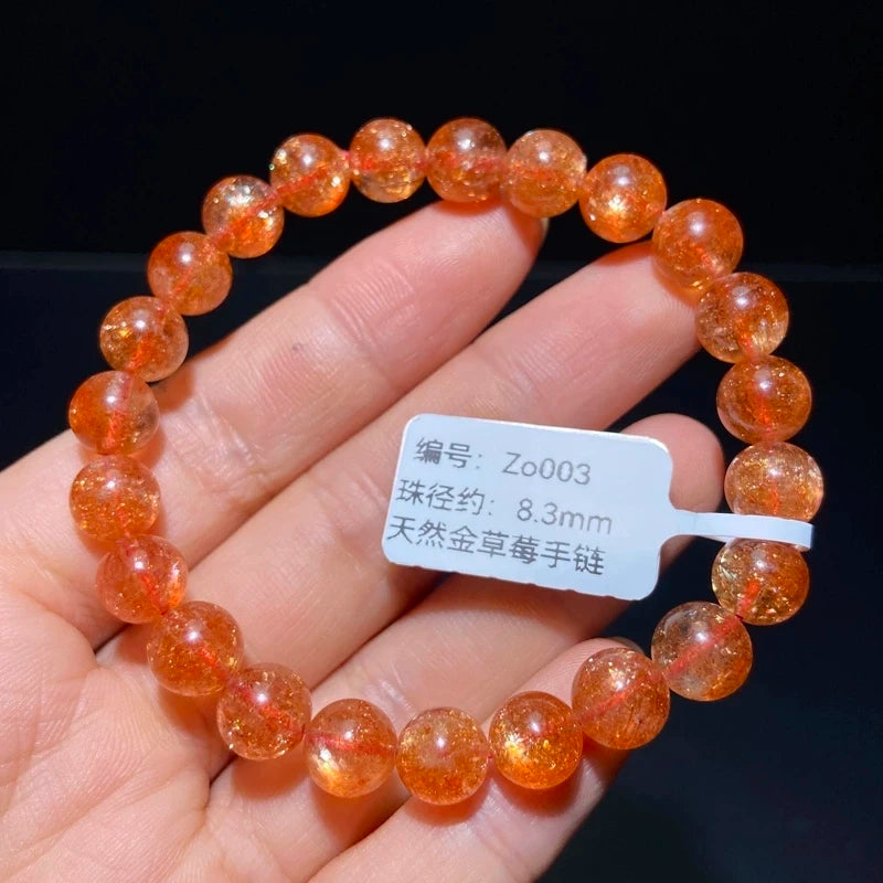 Pulseira de Quartzo Morango e Pedra do Sol Dourada Natural com Contas Redondas Transparentes 7mm 8mm Estrela de Luz, Pedra de Moda Feminina AAAAA