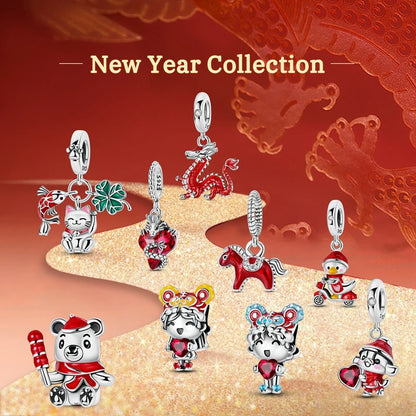 Original 925 prata esterlina encantos grânulo china ano novo vermelho encantos nova boneca pingente fecho aberto caber multi estilo pulseira original