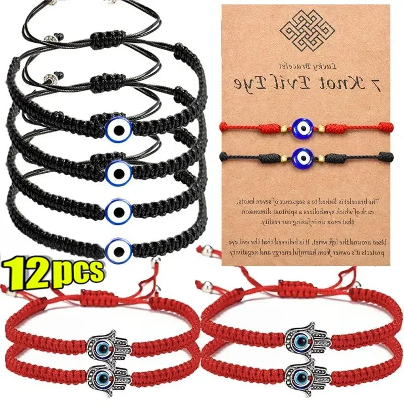 2/12 pçs artesanal turco sorte mau olhado pulseiras para mulheres homens olhos azuis trançado corda vermelha sorte pulseira amizade jóias