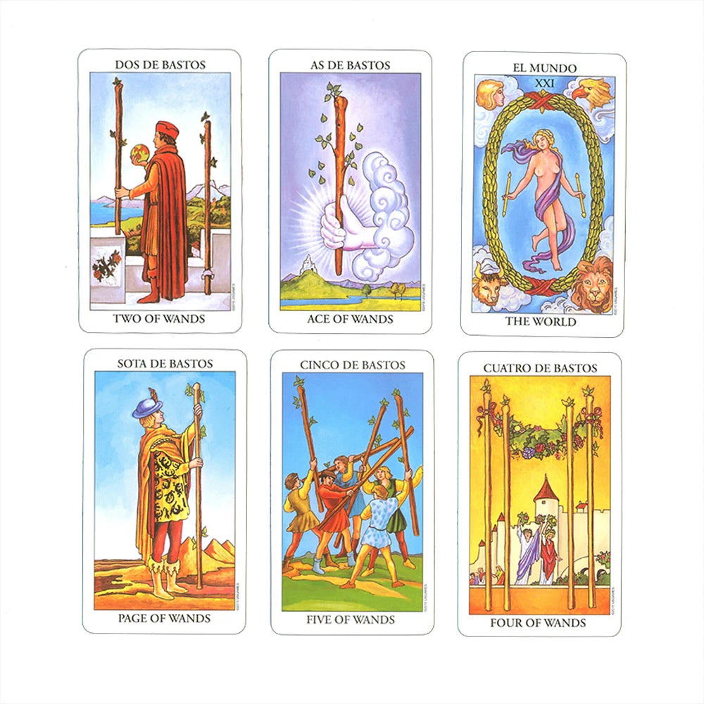 Seis cartas Rider-Waite con nombres en español en la parte superior e inglés en la inferior.