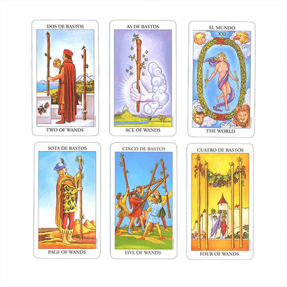 Seis cartas Rider-Waite con nombres en español en la parte superior e inglés en la inferior.