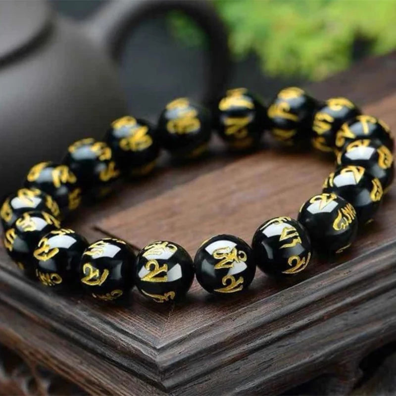 Budismo tibetano seis palavras mantra pulseiras para homens mulheres preto obsidiana amuleto sorte pulseiras jóias com caixa de presente