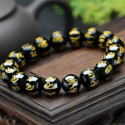 Budismo tibetano seis palavras mantra pulseiras para homens mulheres preto obsidiana amuleto sorte pulseiras jóias com caixa de presente