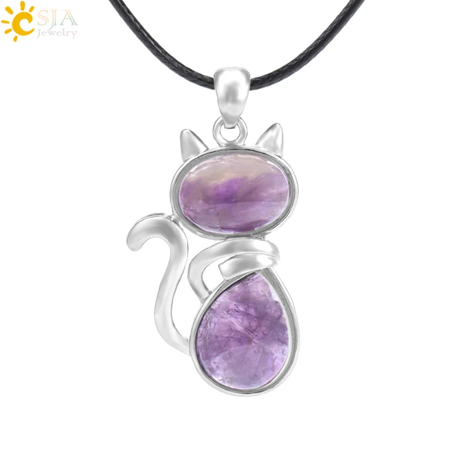 CSJA Reiki Colares de Pedra Natural Pingentes de Quartzo Rosa para Mulheres Menina Bonito Forma de Gato Rocha Preto Onyx Contas Corrente Jóias F066