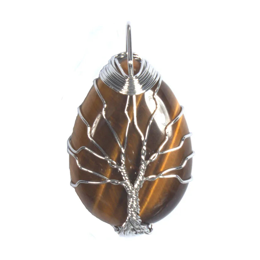Pingente de Ágata com Cristais de Cura em Quartzo Rosa e Ametista Roxa Natural, com Design de Árvore da Vida e Gota de Água, Enrolado em Arame, Joia para Mulheres