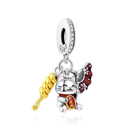 Charms Originais de Prata Esterlina 925, Pingente de Gato da Sorte, Boneca Japonesa, Presente de Ano Novo, Pulseiras e Colares para Mulheres, Joias
