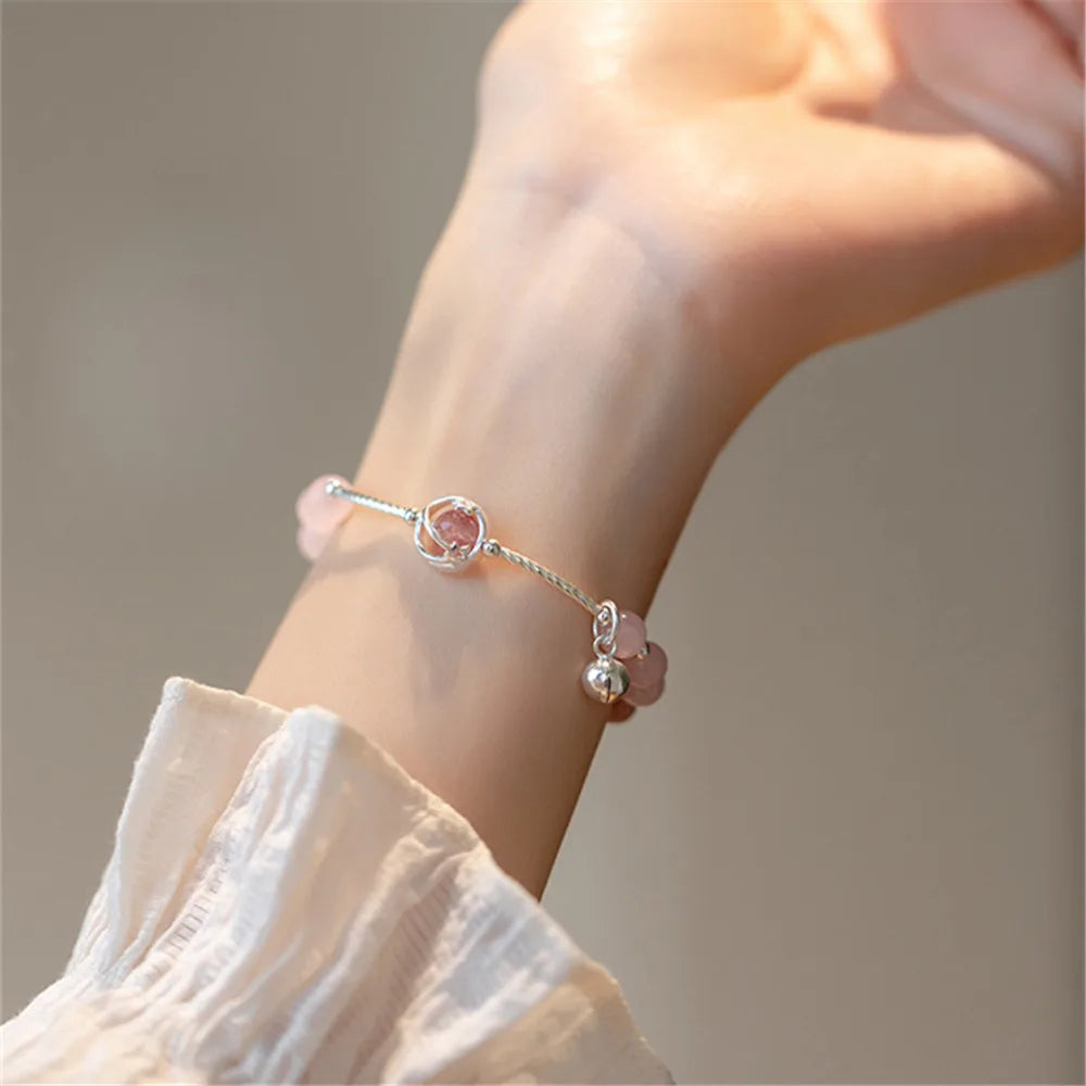 S925 Pulseira de prata Pingente de sino para mulheres, quartzo morango natural, quartzo rosa, artesanal, romântico, joias finas, presente para menina