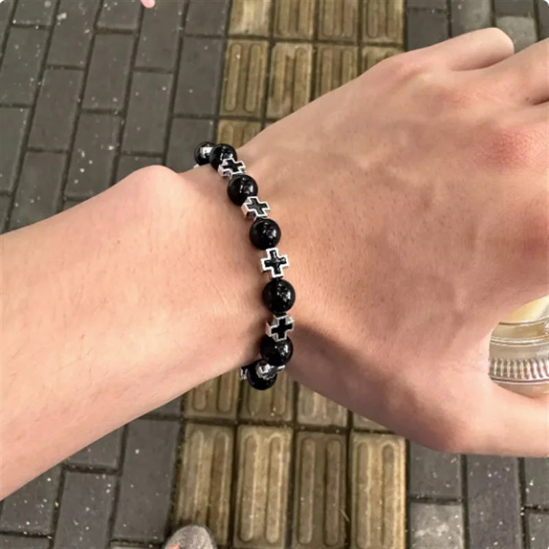 Moda vintage cruz frisado pulseiras para homens proteção de saúde ins estilo retro fosco pedra pulseiras na mão