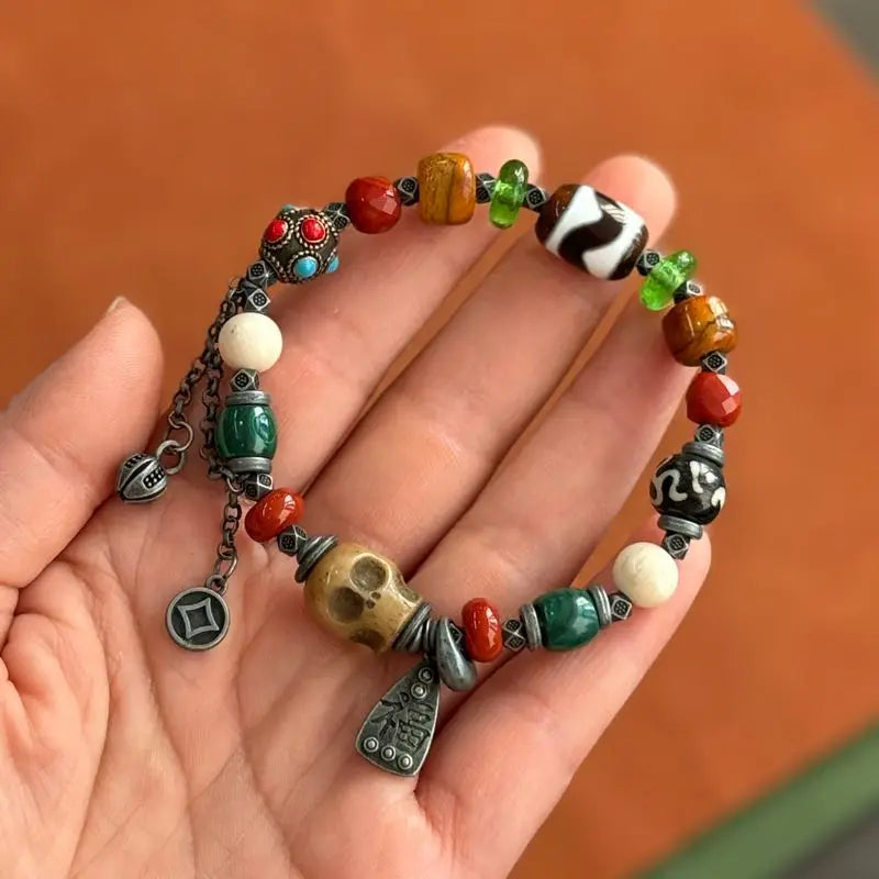 Pulseira de Bênção Estilo Tibetano Tradicional com Osso de Yak, Osso de Camelo, Conta Dzi, Turquesa, Ágata, Estrela, Lua e Bodhi - Joia da Sorte e Fortuna
