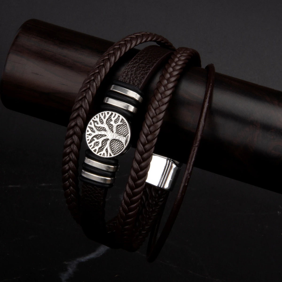3 cores tecido couro homem pulseiras mão-tecido multi-camada pulseira para homem preto marrom corda masculino árvore pulseira punk liga de zinco