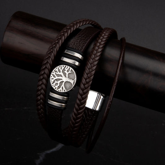 3 cores tecido couro homem pulseiras mão-tecido multi-camada pulseira para homem preto marrom corda masculino árvore pulseira punk liga de zinco