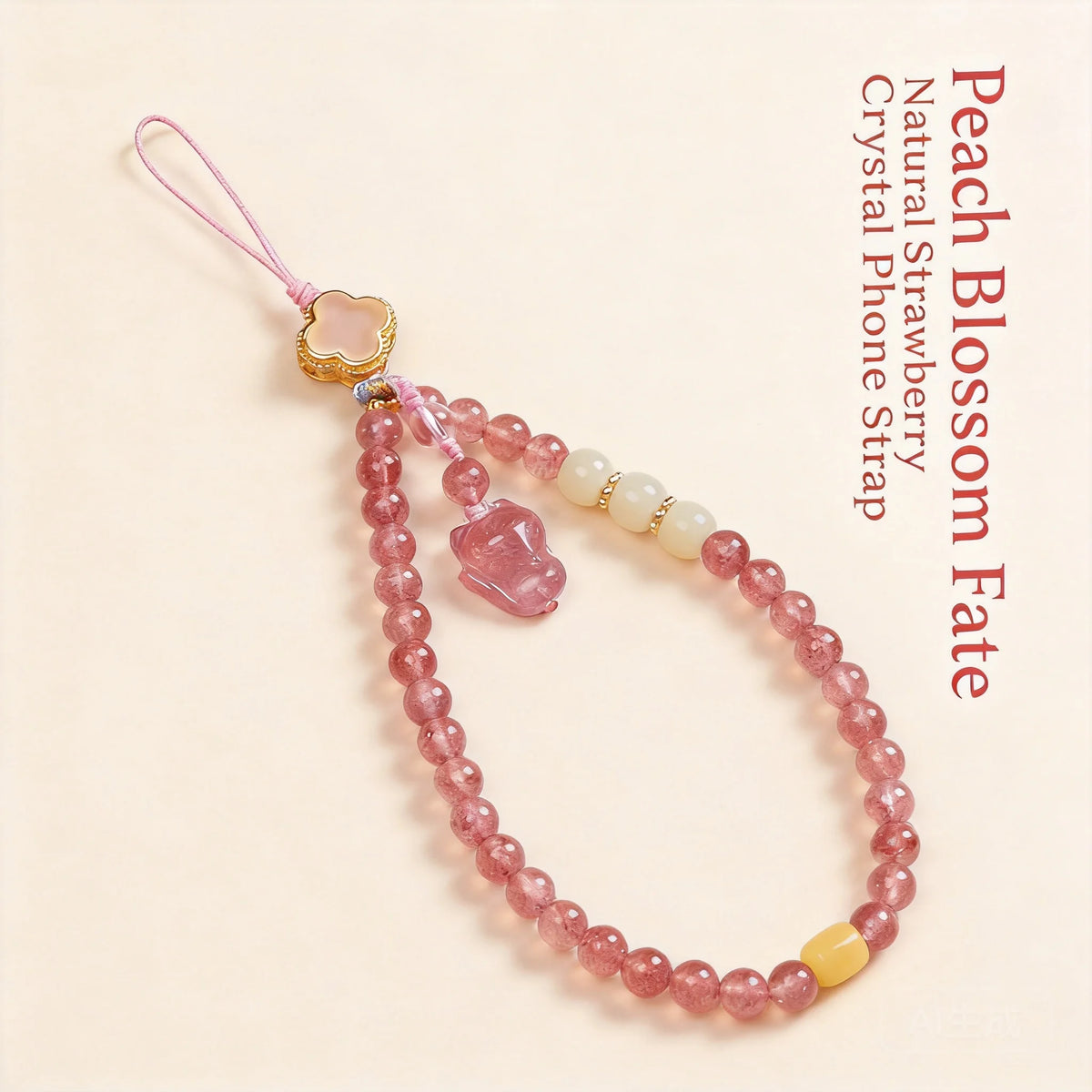 Pingente de Raposa em Quartzo Morango Natural Estilo Chinês com Cordão para Celular, Alça de Pulso em Jade Hetian e Âmbar, Decoração para Boa Sorte e Bênção