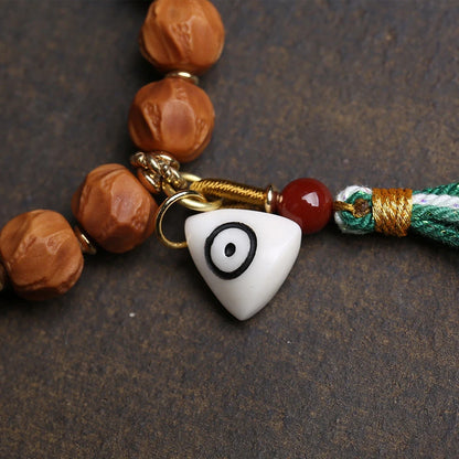 Pulseira de bodhi cor natural com contas de ágata de dente de tigre de laço único e pingente de osso de veado, acessório budista.
