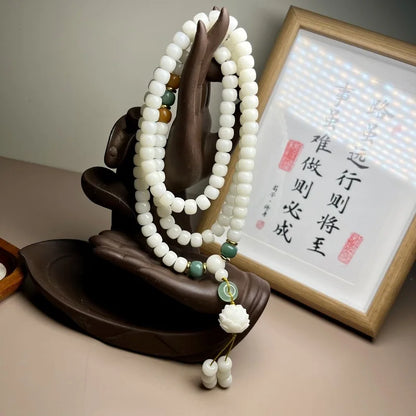 Pulseira de Jade Branco com 108 Contas Budistas, Semente de Bodhi de Lótus, Multicamadas, Cultural e Artística para Oração