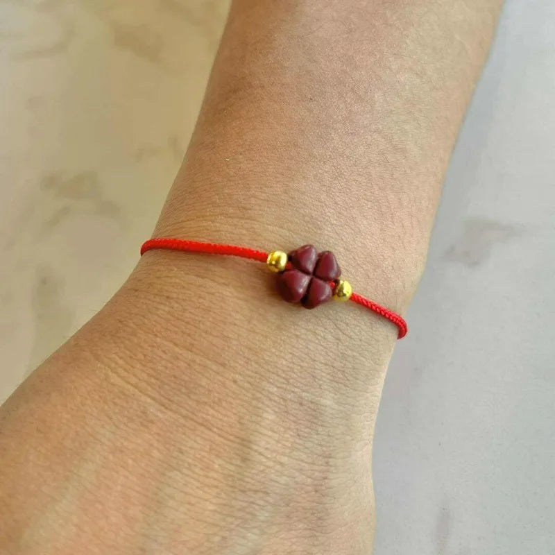 Cinábrio sorte trevo de quatro folhas corda vermelha frisado pulseiras para mulheres homens artesanal trançado vermelho preto corda sorte pulseira jóias