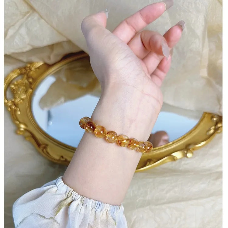Pulseira de Quartzo Rutilado Dourado Natural, Pulseira de Cristal Amarelo Brasileiro com Contas, Amuleto da Riqueza, Joia da Moda para Homens e Mulheres