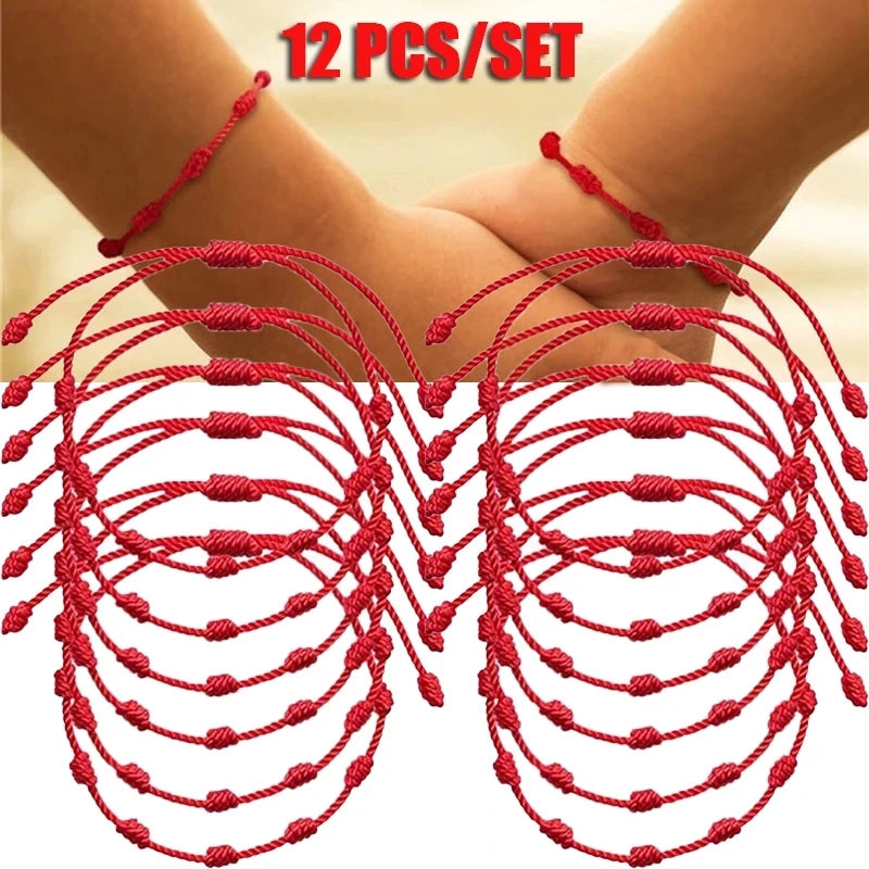 12 Pulseiras Olho Grego Vermelhas para Casal, Femininas e Masculinas, com 7 Nós da Sorte, Feitas à Mão, de Fio Trançado Ajustável, Joia de Amizade Familiar