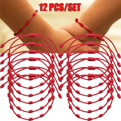 12 Pulseiras Olho Grego Vermelhas para Casal, Femininas e Masculinas, com 7 Nós da Sorte, Feitas à Mão, de Fio Trançado Ajustável, Joia de Amizade Familiar