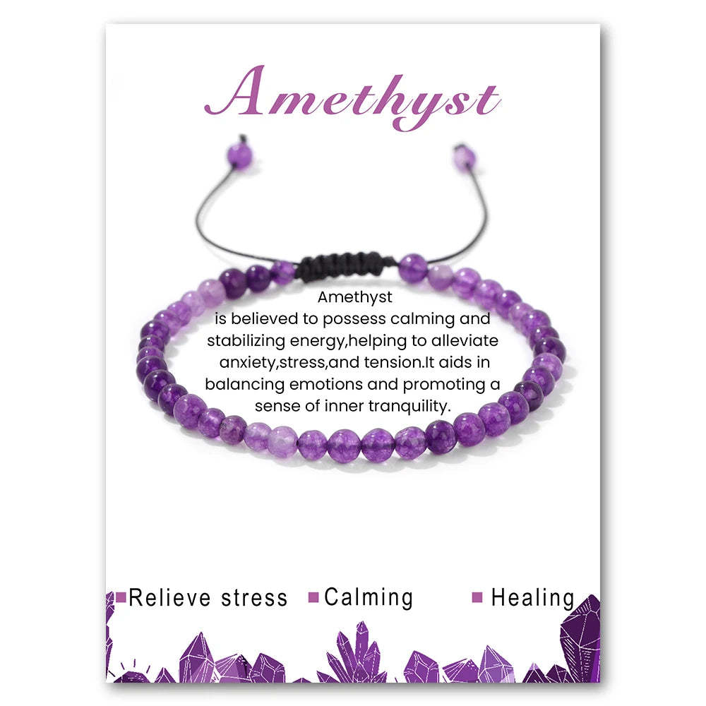 4mm ametistas pedra grânulo pulseira com cartão natural carnelian hematita amazonita corda pulseira simples jóias presente para mulher