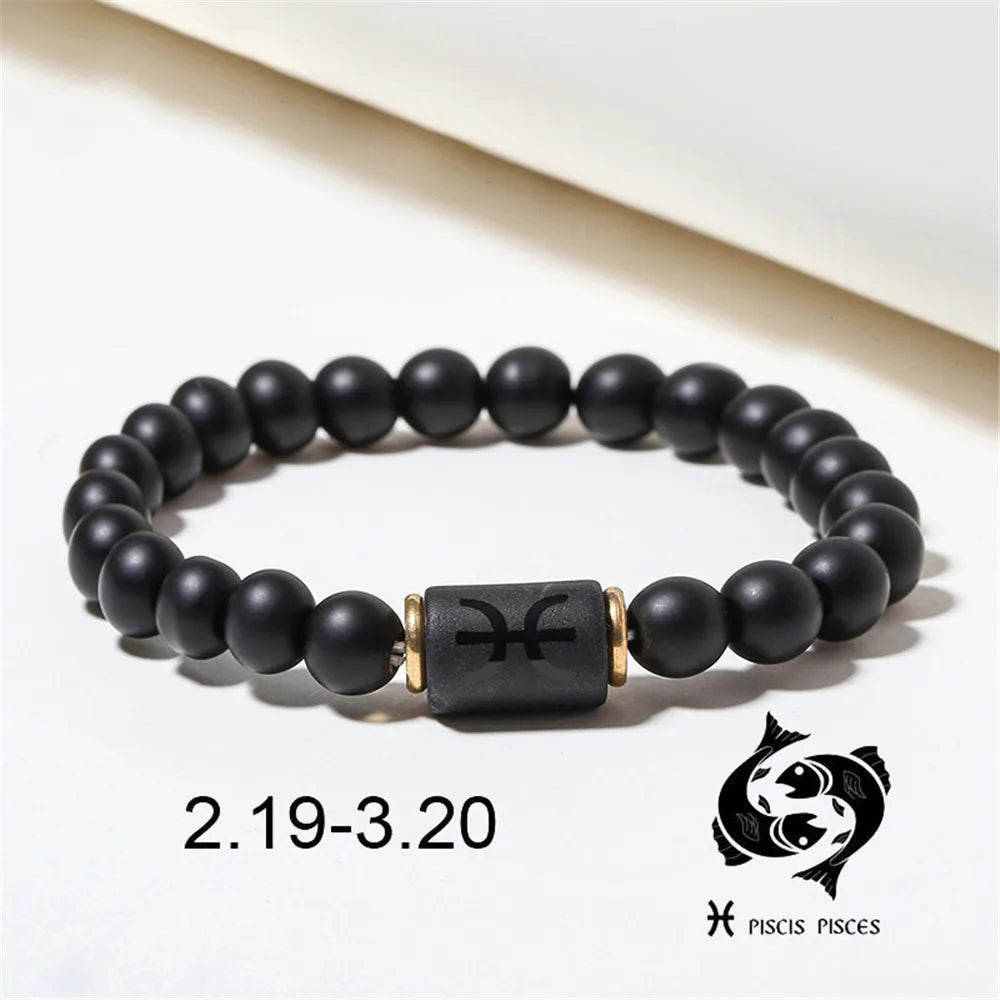 Zodiac Frisado Pulseiras para Homens e Mulheres, 12 Constelações, Ágata Matte Preto, Corda Elástica, Contas Pulseira, Casal Jóias, Presentes