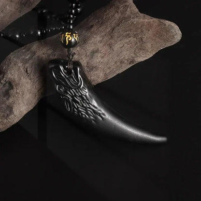 Colar com pingente de fofoca de obsidiana, escultura em forma de dragão e fênix, amuleto da sorte, joias de pérola mantra de seis caracteres