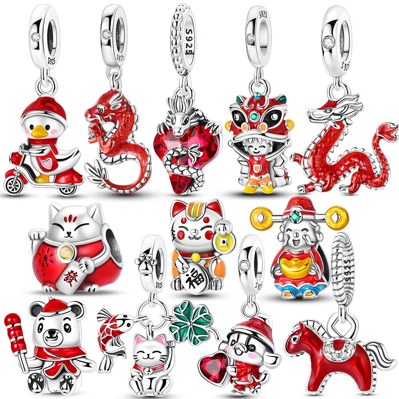 Original 925 prata esterlina encantos grânulo china ano novo vermelho encantos nova boneca pingente fecho aberto caber multi estilo pulseira original