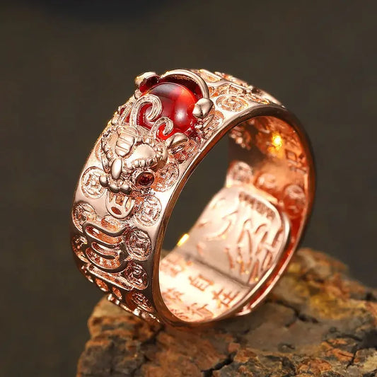 Seis Personagens Verdadeiras Palavras Anel para Homens e Mulheres, Anel de Granada Vermelho Sutra do Coração S925, Anéis de Prata Tailandesa, Jóias Vintage em Ouro Rosa