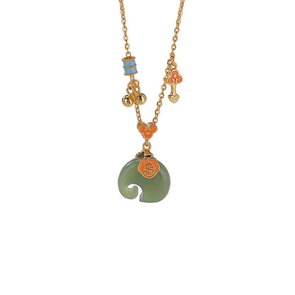 Colar de Elefante Auspicioso Ruyi em Jade Verde Esmaltado, Prata Esterlina S925 Natural Hetian, Prosperidade Instantânea