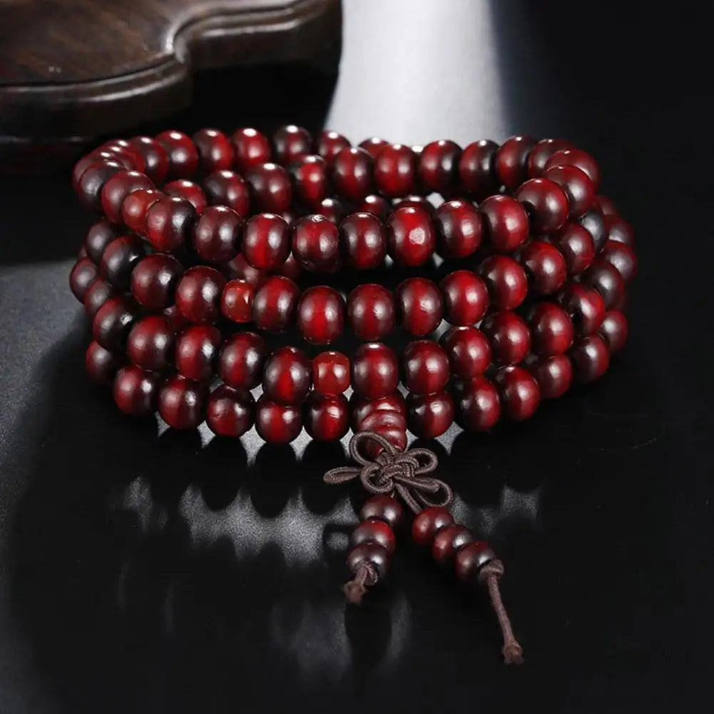 Terço de Contas Budistas de Sândalo Vermelho Estilo Chinês com Folha Pequena, Pulseira e Colar de Contas Multicamadas com Laca para Homens e Mulheres