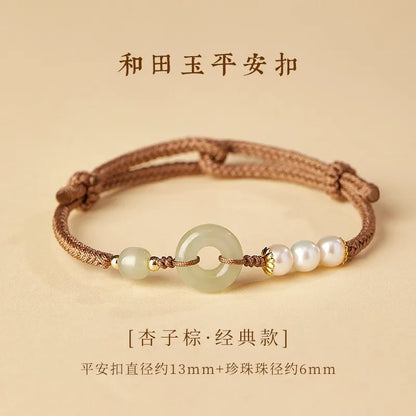 Pulseira de Jade Hetian Estilo Chinês com Fivela da Paz da Sorte para Mulheres, Corda Marrom Damasco Tecida à Mão, Pérola de Concha, Joia da Bênção e Fortuna