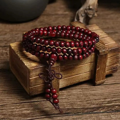 Terço de Contas Budistas de Sândalo Vermelho Estilo Chinês com Folha Pequena, Pulseira e Colar de Contas Multicamadas com Laca para Homens e Mulheres
