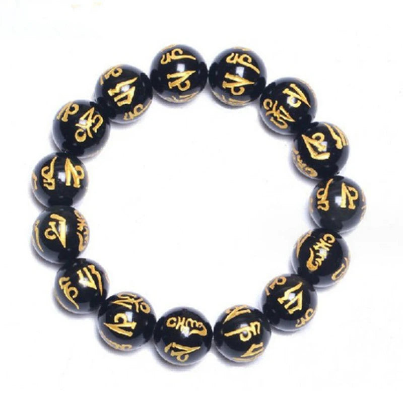 Budismo tibetano seis palavras mantra pulseiras para homens mulheres preto obsidiana amuleto sorte pulseiras jóias com caixa de presente