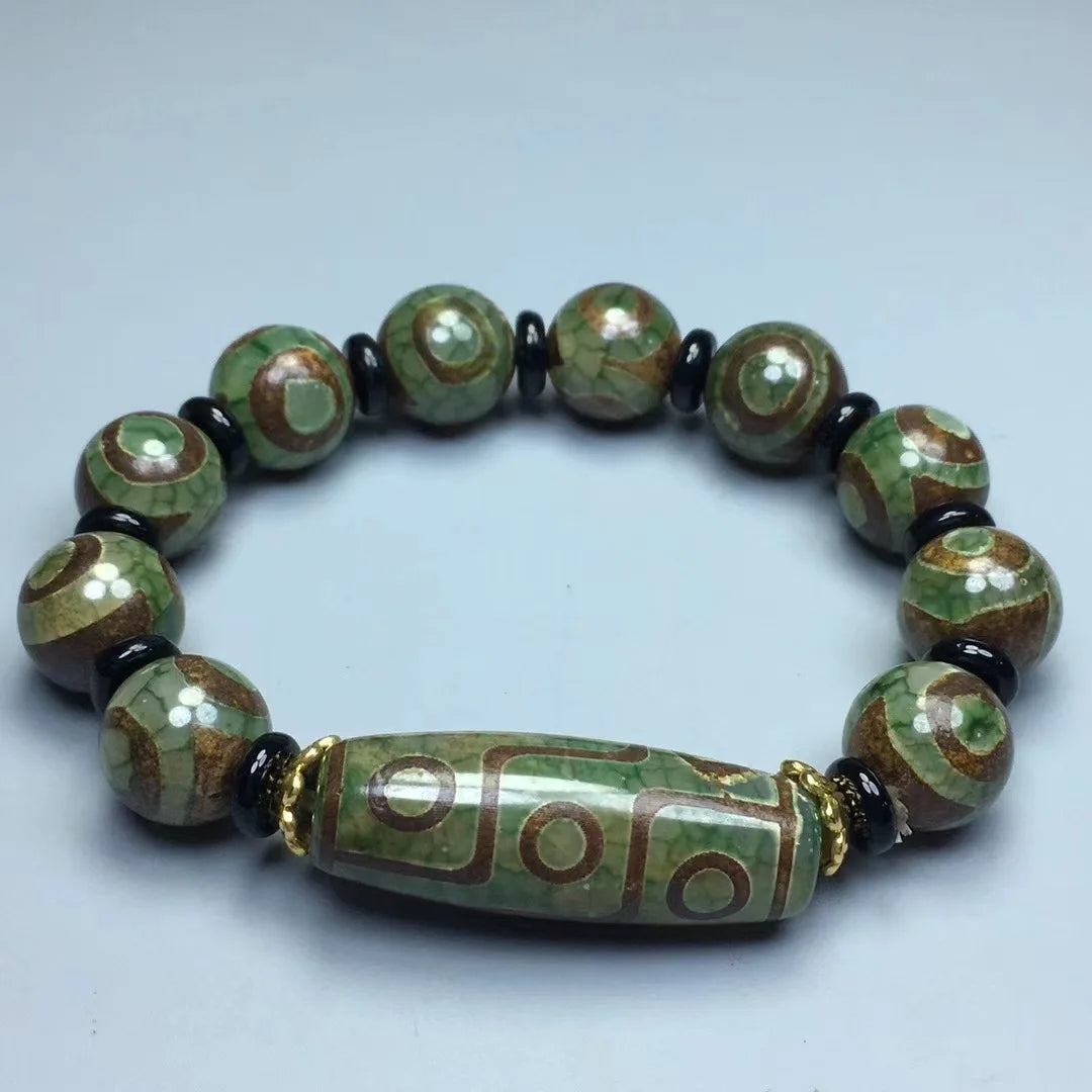 Green Jade 9 Eye Tibet Dzi Bead Pulseira para Homens, Budismo Tibetano, Ágata Fengshui, 3 Olhos Dzi Beads, Pulseiras de Amuleto de Sorte