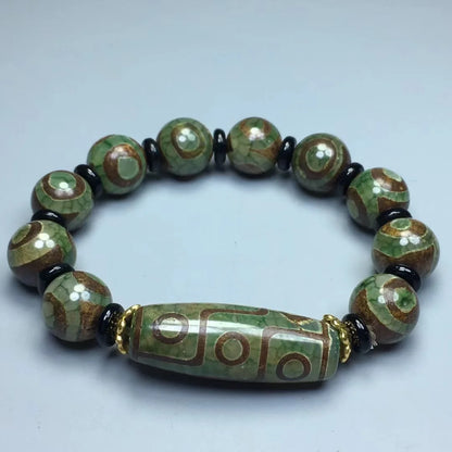 Green Jade 9 Eye Tibet Dzi Bead Pulseira para Homens, Budismo Tibetano, Ágata Fengshui, 3 Olhos Dzi Beads, Pulseiras de Amuleto de Sorte