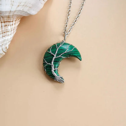 Pingente de cristal natural fio envoltório árvore da vida grande lua crescente pedra mineral pêndulo ametista quartzo colar para presente feminino