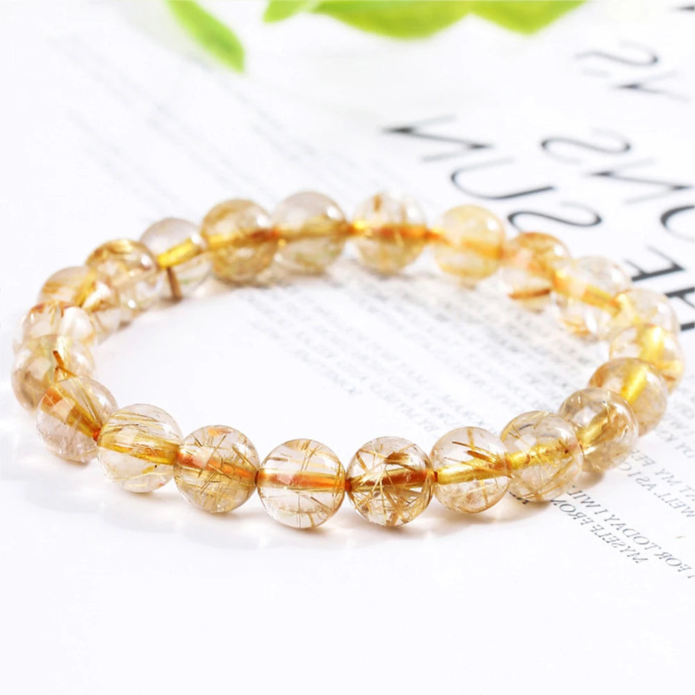 Natural dourado rutilado quartzo cristal pulseira fio contas pulseiras a pedra da riqueza jóias contas pulseiras decoração