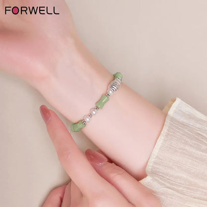 Pulseira de Prata Esterlina de Alta Qualidade com Pérola Natural e Jade Hetian em Forma de Nó de Bambu para Mulheres, Presente de Joalheria