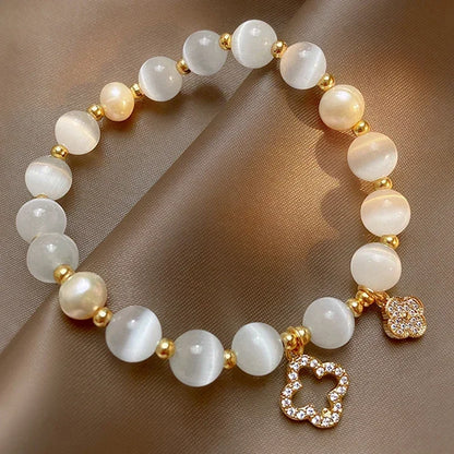 Kirykle pulseira de cristal natural para mulheres, opala branca, pedra, pérola, moda, trevo de quatro folhas da sorte, joias femininas, presente
