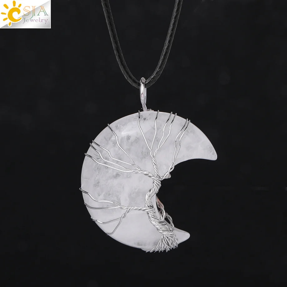 CSJA-Cristal Natural Colar de Pingentes, Lua Crescente Árvore da Vida, Quartzo Rosa, Natural Pedra Chip, Talão Pingentes de Resina, Jóias H151