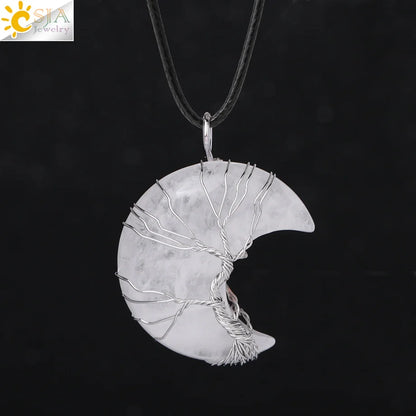 CSJA-Cristal Natural Colar de Pingentes, Lua Crescente Árvore da Vida, Quartzo Rosa, Natural Pedra Chip, Talão Pingentes de Resina, Jóias H151