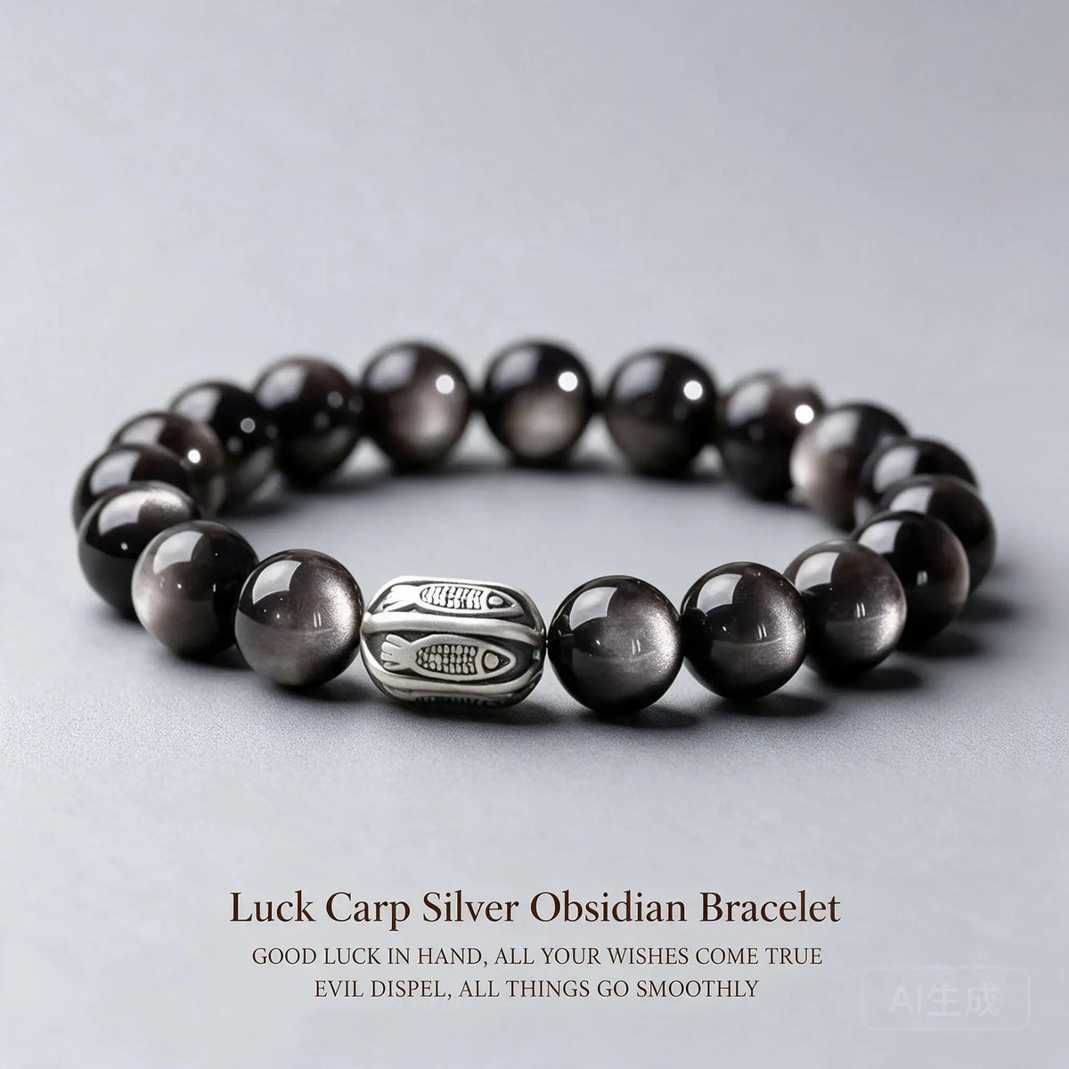 Pulseira de prata S999 com obsidiana prateada, estilo chinês, com motivo de carpa koi da sorte, para o Ano do Dragão, que traz bênçãos e prosperidade, unissex, presente para casais.