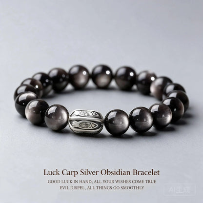 Pulseira de prata S999 com obsidiana prateada, estilo chinês, com motivo de carpa koi da sorte, para o Ano do Dragão, que traz bênçãos e prosperidade, unissex, presente para casais.