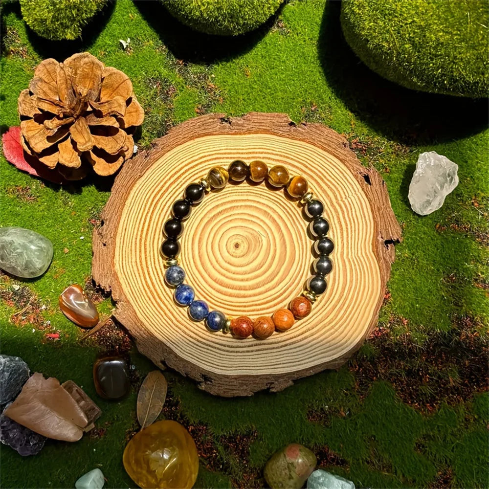 Pulsera de ojo de tigre, lapislázuli y madera