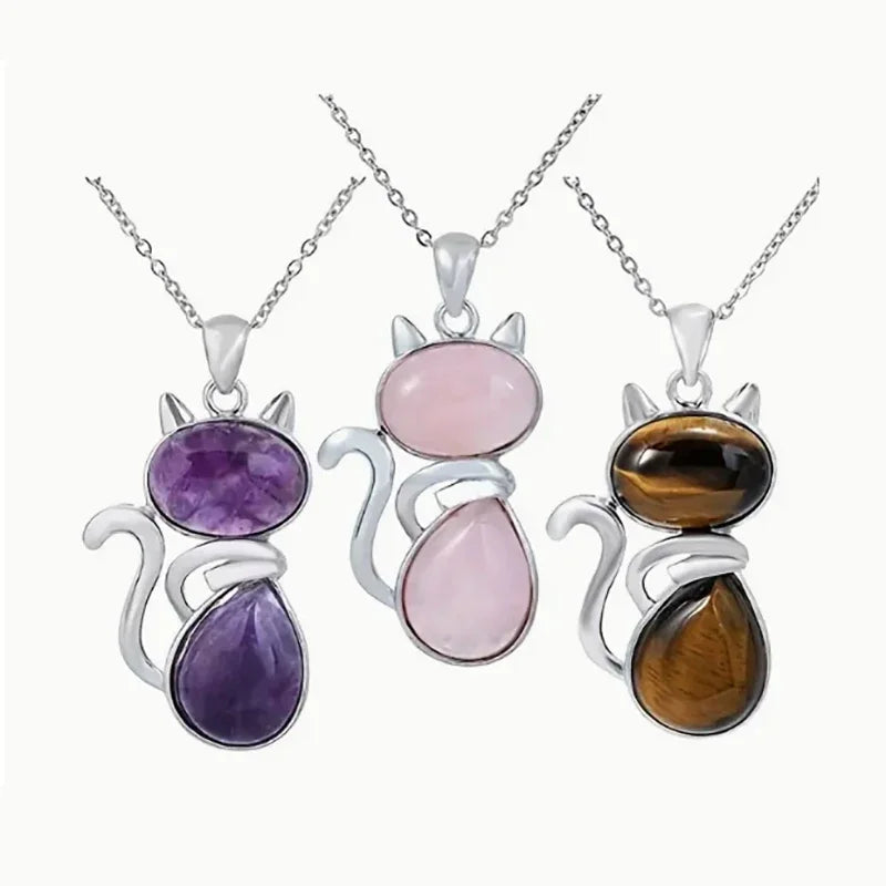 Colares de pedra natural pingentes de quartzo rosa para mulheres menina bonito forma de gato rock preto ônix contas corrente jóias