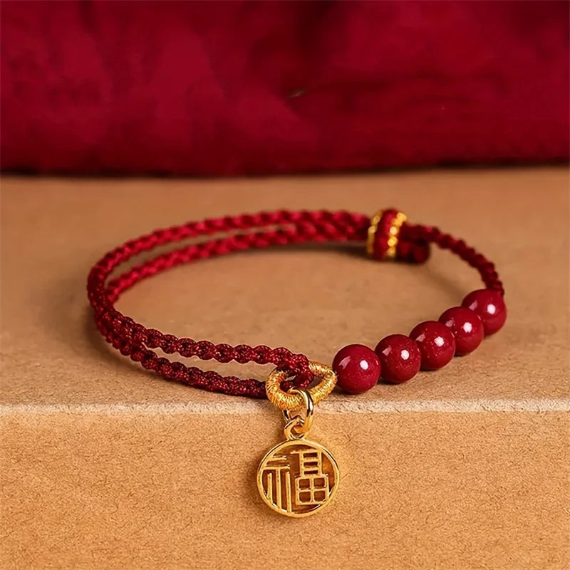 Corda tecida à mão imitação cinábrio fu pingente pulseira para mulheres sorte vermelho nó chinês artesanal trançado pulseira jóias presente